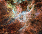 在蜘蛛星云的中心，有高速气体产生的庞大气泡、丝缕状的黝黑尘埃及质量异常大的恒星。 在蜘蛛星云中心的核心，更有一群紧紧挤在一起的恒星，当初甚至认为只是单一恒星。 这群编录号为R136或NGC2070的星团，位在这张主题影像的中上方，星团里有许多炽热的年轻恒星。 来自这些恒星的高能量星光，不断电离星云的云气，而它们发出的高速粒子风，吹出了许多气泡并雕塑出复杂的丝缕状结构。 这张代表色影像，用数位技术整合了轨道上哈伯太空望远镜 及欧南天文台的地基新科技望远镜之照片，呈现这个大麦哲伦星系的星云湍动中心区的细微结构