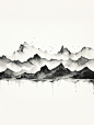 极简主义山水插图，水墨山脉由不同的线条组成黑白