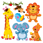 7款可爱卡通动物矢量素材，素材格式：EPS，素材关键词：动物,大象,狮子,鸟,昆虫,猴子,长颈鹿,袋鼠