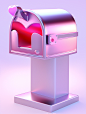 C4D render of an open mailbox with a heart symbol on the side, white background, left side view, poured resin, clear and bright, chrome reflection style, semi - transparent plane, realistic light depiction, light magenta, zbrush, post process, ad - inspir