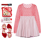 A fashion look from April 2017 featuring pink sweater, pleated skirt and red sandals. Browse and shop related looks.