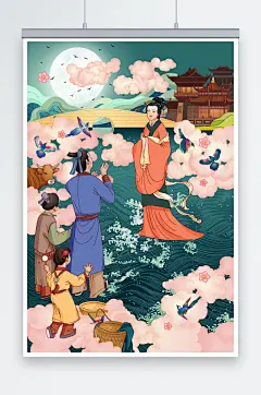 国潮牛郎织女古代传说故事七夕节插画