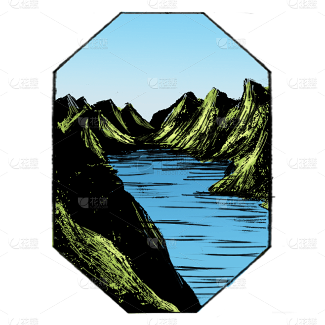 手绘-自然元素彩色版画风景贴纸7
