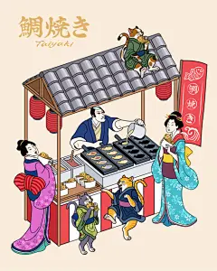 人们参观taiyaki街头小贩插画素材_ID:353213301