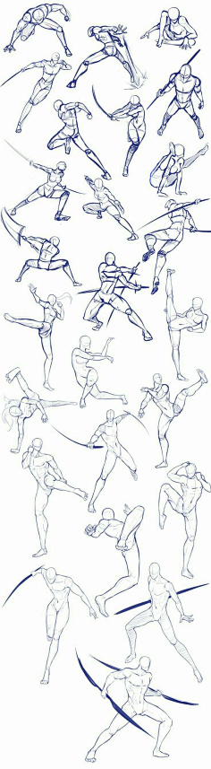 战斗pose-花瓣网|陪你做生活的设计师 | atomy 制作的一些战斗姿势的绘画参考，可以看看不同姿势下的人体是什么样子，图9是人物旋转动图~