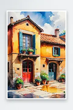 手绘油画老房子四合院插画-众图网
