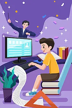 紫色扁平风线上教育男孩上网课插画