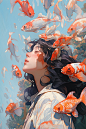其中可能包括：a painting of a woman surrounded by goldfish swimming in the water with her hair blowing back