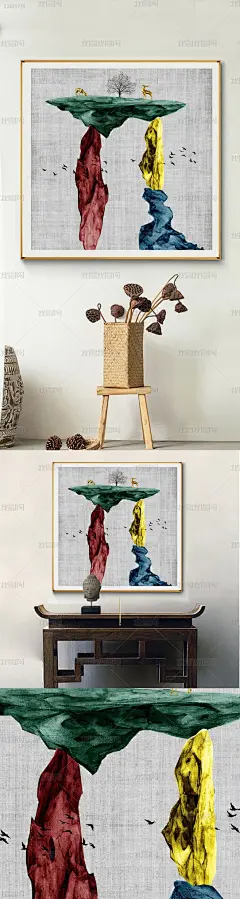 花纹图案-中国风中式新中式彩色假山风景麋鹿花纹图案家居数码图案