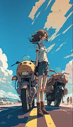 在路上宫崎骏风动漫旅行小女孩行李箱小清新花朵花海数字作品AI作品数字插画