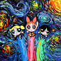 Powerpuff Girls Art - Starry Night Giclee print van Gogh Never Saved The World Before Bedtime by Aja 8x8, 10x10, 12x12, 20x20, and 24x24