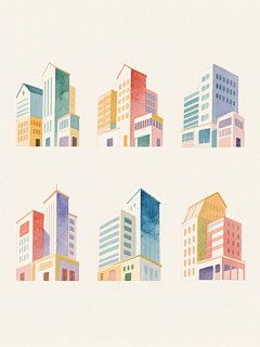 水彩风格插画，六个具有不同配色方案、独特建筑样式和迥异设计风格的建筑群，采用上下两行整齐对齐的排列方式，浅色背景，整体呈现明快通透的视觉效果，建筑轮廓线条流畅，色彩运用具有水彩特有的透明晕染质感和柔和过渡，每个建筑群都拥有鲜明的色彩特征和独特的形态设计，展现出丰富的视觉多样性，画面简洁干净，突出建筑主体的设计感与艺术性