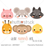 set of six illustration of cute cartoon animals. illustration of cute pig, mouse, wolf, giraffe, monkey and duck on white background. can be used for cards or birthday invitations