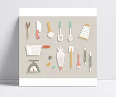 创意厨房用具矢量素材|餐叉,餐刀,勺子,擦丝器,锅,刷子,厨房称量器,擀面棍,裱花袋,厨房用具,刀,矢量素材,矢量图,AI格式,含JPG预览图。,厨房用品,厨房用品矢量