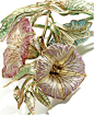 [DETAIL] 18 KARAT GOLD, PLIQUE-À-JOUR ENAMEL PENDANT-BROOCH AND CHAIN, MARCUS & CO., CIRCA 1900      Designed as an articulated Morning Glory motif, the petals and leaves applied with various colors of plique-à-jour enamel, the branches applied with t