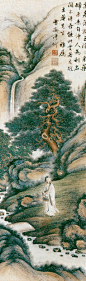 《采药归来》溥雪斋
纸本设色  100cmx 33cm   北京画院藏

溥雪斋(1893—1966)，满族，名溥忻，以宇行，号雪道人、一号南石居士，笔名南石、遭园、乐山等，堂号怡清堂、松风草堂，北京人，清宗室。琴棋书画无不精通，尤长山水，师法唐六如等。曾任辅仁大学美术系主任、北京文史馆馆员、北京画院名誉画师、书法研究社社长，中国美术家协会北京分会副主席、中国美术家协会会员，中国文联常务理事。
作品表现采药人归来驻足回首，似乎在想还有什么药未曾采到，而在石板小桥前犹豫不决。全图以点法为主，通过点的浓疏，淡