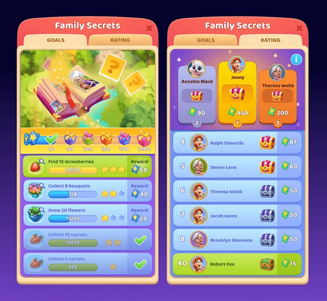 This may contain two screens showing family secrets and the game's