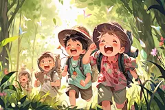 春游露营秋游暑假孩子笑脸小孩露营郊游插画