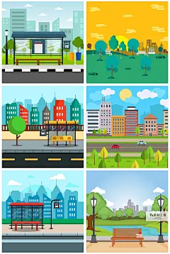 卡通扁平化城市房屋建筑交通夜景户外风景插画元素Ai矢量素材C214-淘宝网