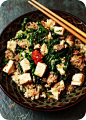 This is such an awesome healthy food/comfort food dinner.  Kale Mabo Tofu made in a rich savory broth over brown rice. YUM!