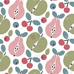 无缝矢量抽象花卉图案与水果，苹果，梨，浆果，樱桃，蓝莓，叶子，植物，抽象元素的波西米亚风格的时尚，织