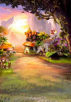 神秘梦幻唯美童话仙境梦境黄昏太阳光影森林树木鲜花蘑菇小屋动漫CG插图
