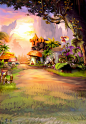 神秘梦幻唯美童话仙境梦境黄昏太阳光影森林树木鲜花蘑菇小屋动漫CG插图