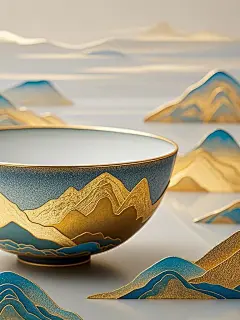 一个碗，金箔岩彩，磨砂肌理绘画，极简主义，大面积的空白，透视美学，柔和的渐变色，中国古代的极简主义绘画，磨砂透明模型，微距变焦，意境山的边缘勾勒金边，浅色背景，封面设计，海报，景深--无黑色c4d，32K