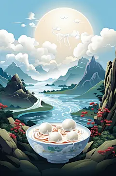 AI数字艺术国潮元宵节汤圆山水插画