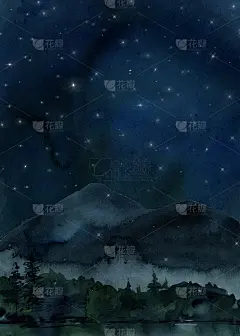水彩画卡与夜晚的山，天空，河流，星星，草的形象