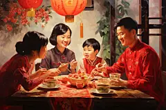 复古室内春节新年人物油画图片