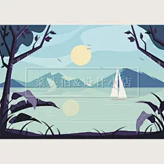 创意扁平化月亮树木森林夜晚露营卡通插画EPS矢量UI网页设计素材-淘宝网