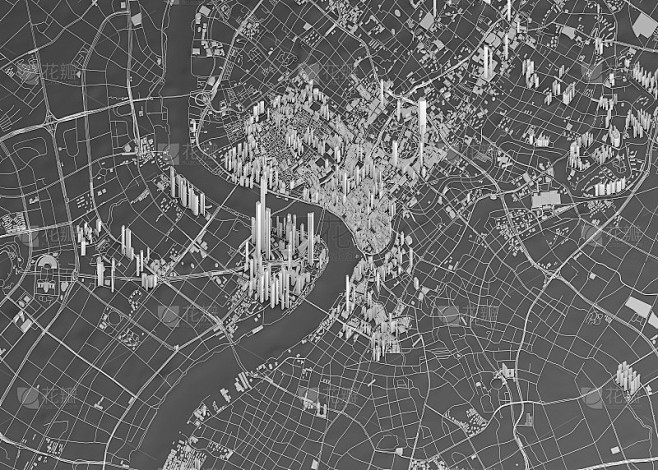 上海的卫星视图，城市地图的房子和建筑。摩天大楼。中国中华人民共和国。3d建筑
