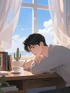 窗前，书桌，书桌上摆有几本书籍和一个茶杯。现代美男，黑色短发。身穿休闲服装。趴在书桌上，侧脸，唇角微微勾起，窗帘飘动，窗外蓝天白云，窗边还摆有一盆仙人掌。柔焦，华丽光影，高雅气质，插画 ，柔和灯光，超清画质高细节，丙烯颜料，3d动漫厚涂，写实风插画，发丝细腻刻画，高清特写，朦胧，细腻厚涂，眼睛狭长，极致超清，极致细节，光影交错，气质，oc渲染，超高清画质，细节丰富，精致感强，朦胧，极致超清，二次元氛围感，动漫风格，高质量，极致细节，32K，新三维精美cg，概念艺术，
