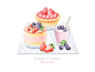 奶油甜品 蛋糕 草莓 蓝莓 奶昔 淡彩手绘 水彩插画PSD_平面设计_绘画插图