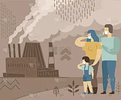 空气污染的概念海报。一家人呼吸着从冒烟的工厂吹来的污浊空气。