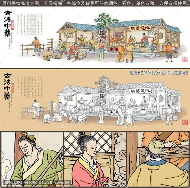 中医养生 古法中药 炮制流程图 药材加工图 中草药 手绘插画 壁画挂画 中医馆装饰画 药铺药店 传统工艺 大药堂 养生堂 中药包装设计 古代 ...