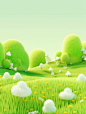 3d green grass and trees in the grass, in the style of playful, whimsical illustrations, delicate flowers, rendered in cinema4d, mori kei, playful cartoons, spiky mounds, white and green