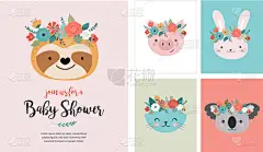 可爱的动物头与花冠，矢量插图的苗圃设计，海报，生日贺卡。熊猫，骆驼，狐狸，考拉，猫，狗，熊和兔子