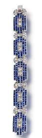 1935 28Ct.Geometric Link Calibre Cut Half Moon Sapphires & European Cut Diamonds Mounted In Platinum Bracelet: