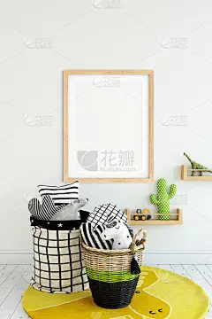 画框和海报模拟客厅。北欧室内。3d渲染，3d插图