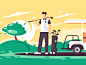 Man with golf club kit8 flat vector illustration leisure relaxation sport car club golf man