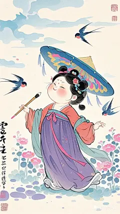 全景,水墨插画,极简主义，胖改的唐代可爱微胖美少女插画,追着燕子跑，现代人物与古风工笔画结合，画风细腻成熟，独特的“大脸”风格，识别度高，人物讨喜又不失韵味，可爱的Q版唐代风俗画，干净纯色背景