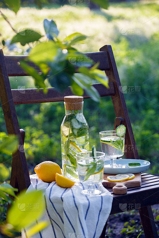 静物——花园里的老式木椅上放着柠檬、黄瓜...