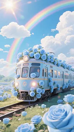 手绘蓝色花朵插画背景素材手绘列车