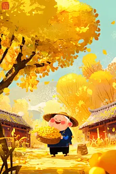秋季丰收节秋收果农采摘水果插画设计元素