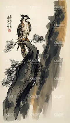 国画山鹰图  - 源文件下载【酷图网】国画,奇石,山崖,山鹰,老鹰,水墨画,苍松,鹰,鸟,中国风,高清壁纸,手机壁纸,PNG,