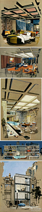【看图说话】建筑师R. Donald Jaye的手绘水粉画，1962年刊登上花花公子上，主题为"辣妹计划-激动人心的都市生活"。2003年，其中一张就在佳士得拍卖会上卖到一万美元以上。