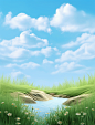 3d grass landscape background picture, in the style of li wei, light brown and light azure, nature-based patterns, sky-blue and green, landscape-focused, naturalistic motifs