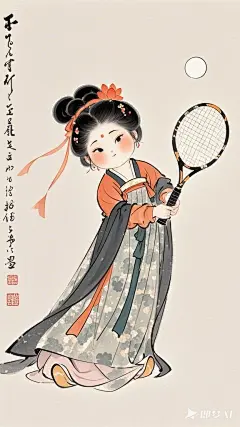 全景,水墨插画,极简主义，漂亮的唐代女士插画,女士打网球，现代人物与古风工笔画结合，画风细腻成熟，独特的风格，识别度高，人物讨喜又不失韵味，可爱的Q版唐代风俗画图，背景简洁，纯色背景。 (2)